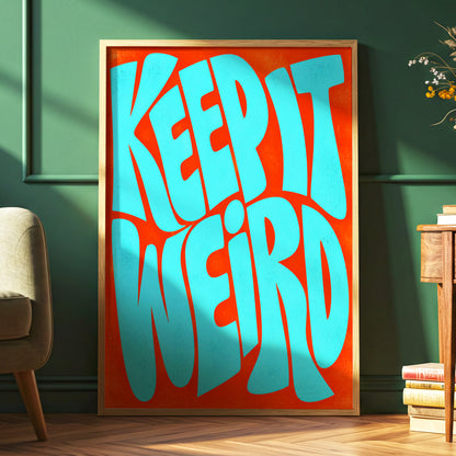 Electric Weird, blue, orange abstract wall art displayed in a styled interior, gallery view 6