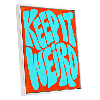 Electric Weird, blue, orange abstract wall art shown as a white framed canvas wall art