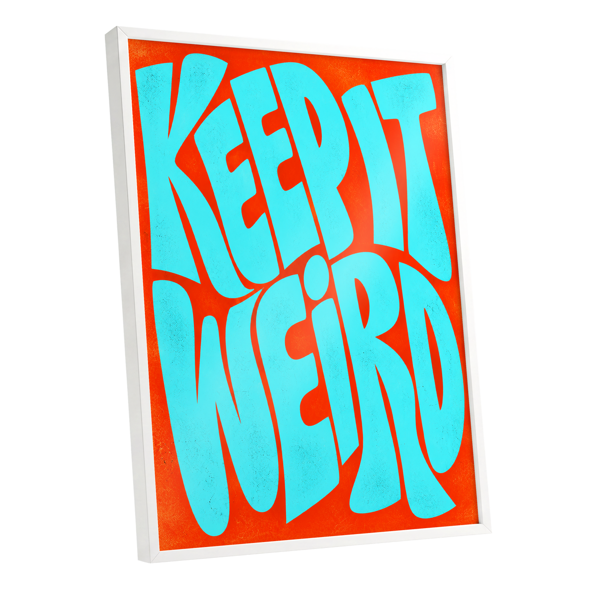 Electric Weird, blue, orange abstract wall art shown as a white framed poster wall art print