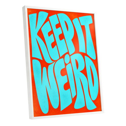 Electric Weird, blue, orange abstract wall art shown as a white framed poster wall art print