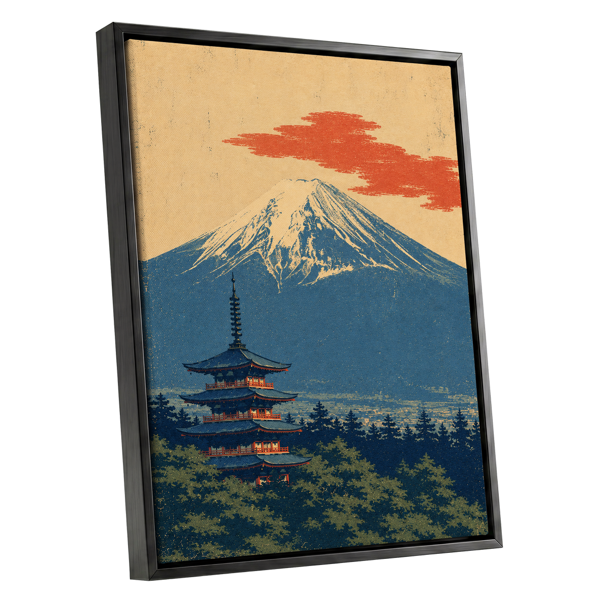 Ember Above the Peak, blue, beige, orange nature wall art shown as a black framed canvas wall art