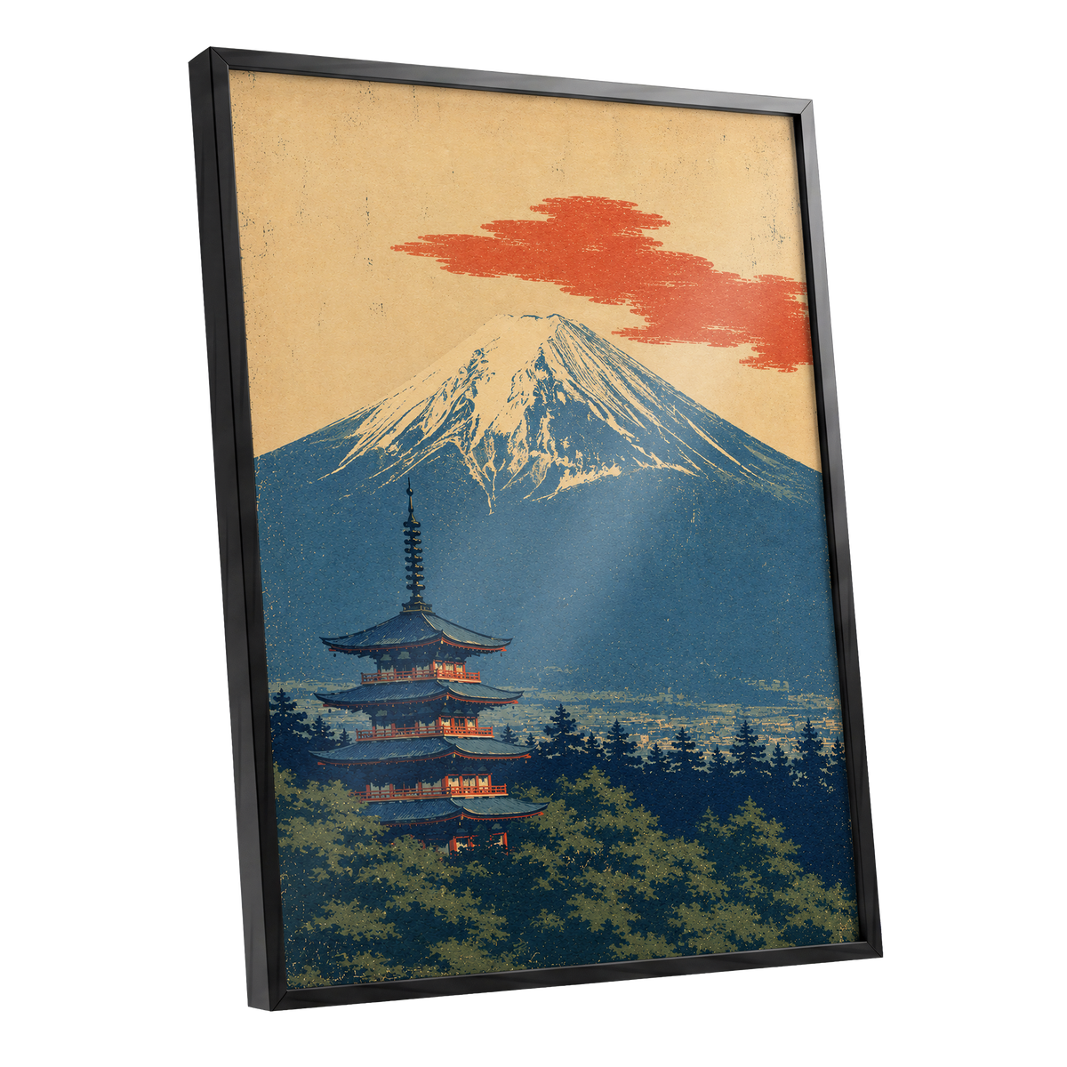 Ember Above the Peak, blue, beige, orange nature wall art shown as a black framed poster wall art print