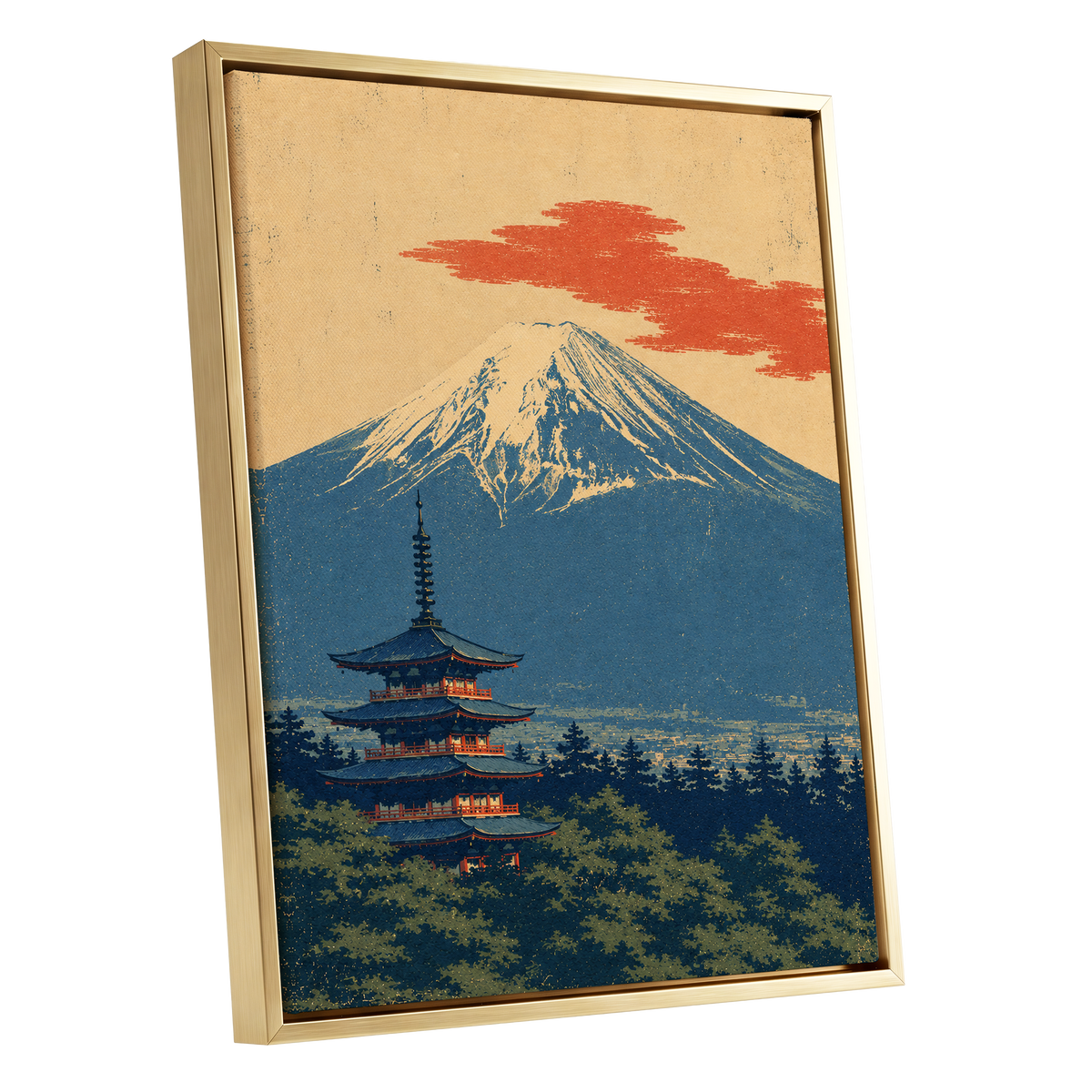 Ember Above the Peak, blue, beige, orange nature wall art shown as a gold framed canvas wall art