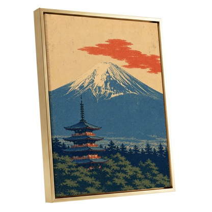 Ember Above the Peak, blue, beige, orange nature wall art shown as a gold framed canvas wall art