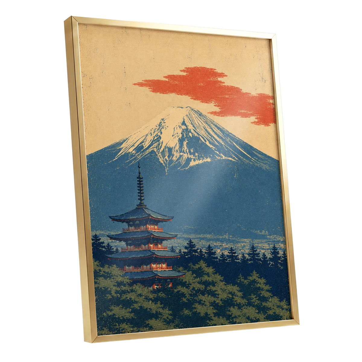 Ember Above the Peak, blue, beige, orange nature wall art shown as a gold framed poster wall art print