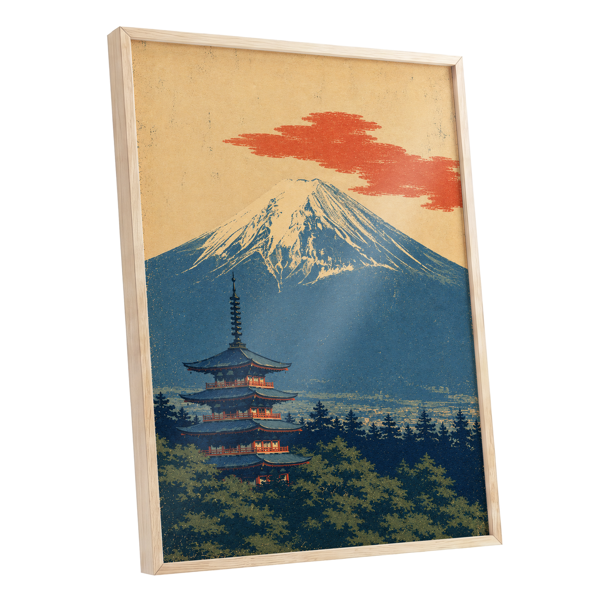 Ember Above the Peak, blue, beige, orange nature wall art shown as a oak framed poster wall art print