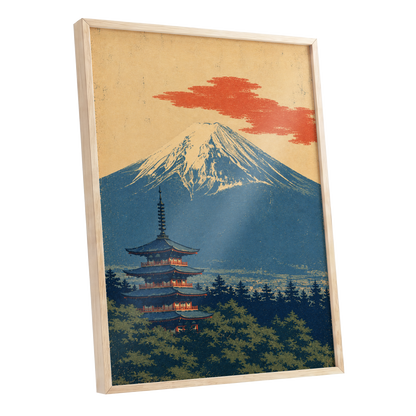 Ember Above the Peak, blue, beige, orange nature wall art shown as a oak framed poster wall art print