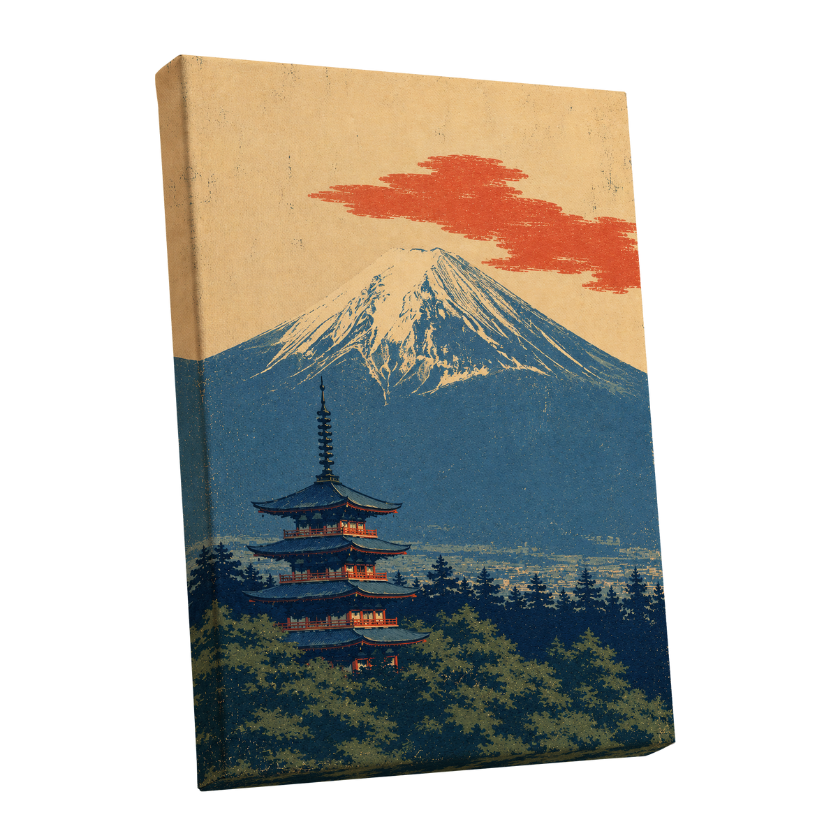 Ember Above the Peak, blue, beige, orange nature wall art shown as a stretched canvas wall art