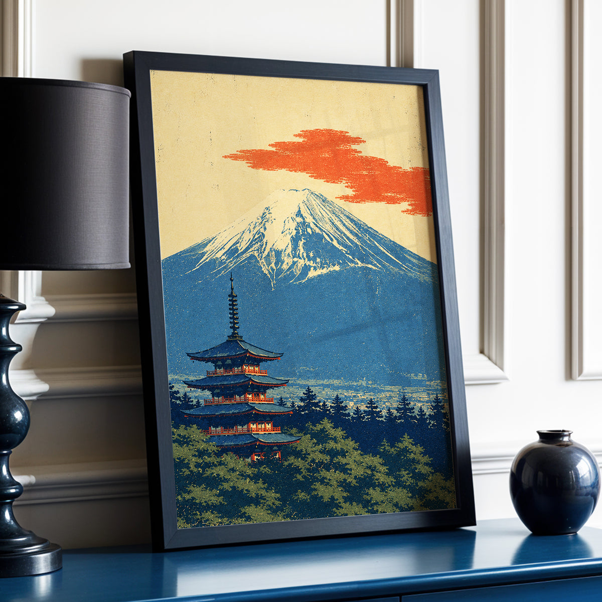 Ember Above the Peak, blue, beige, orange nature wall art displayed in a styled interior, gallery view 2