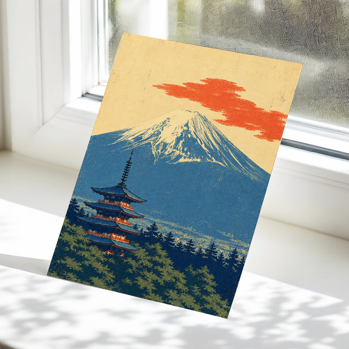 Ember Above the Peak, blue, beige, orange nature wall art displayed in a styled interior, gallery view 5