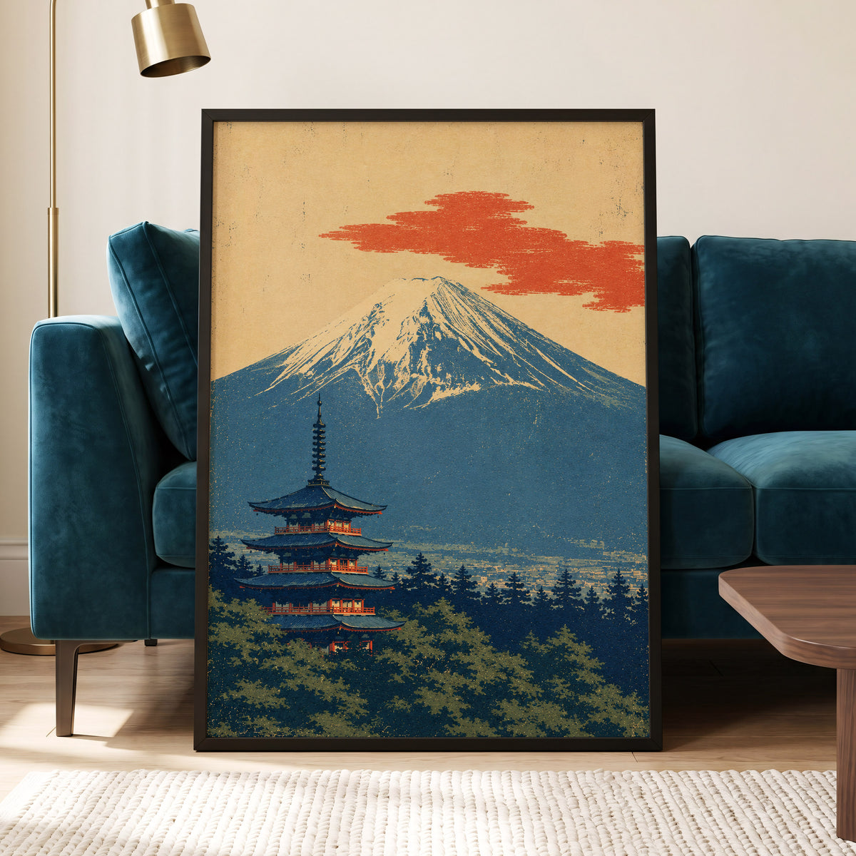 Ember Above the Peak, blue, beige, orange nature wall art displayed in a styled interior, gallery view 6