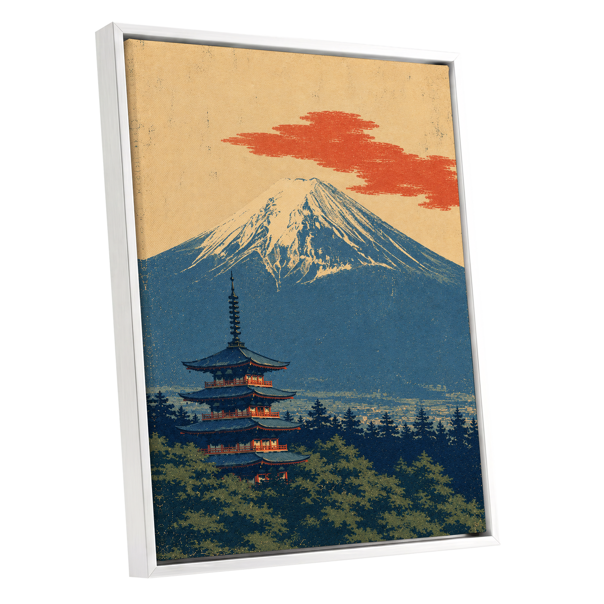 Ember Above the Peak, blue, beige, orange nature wall art shown as a white framed canvas wall art