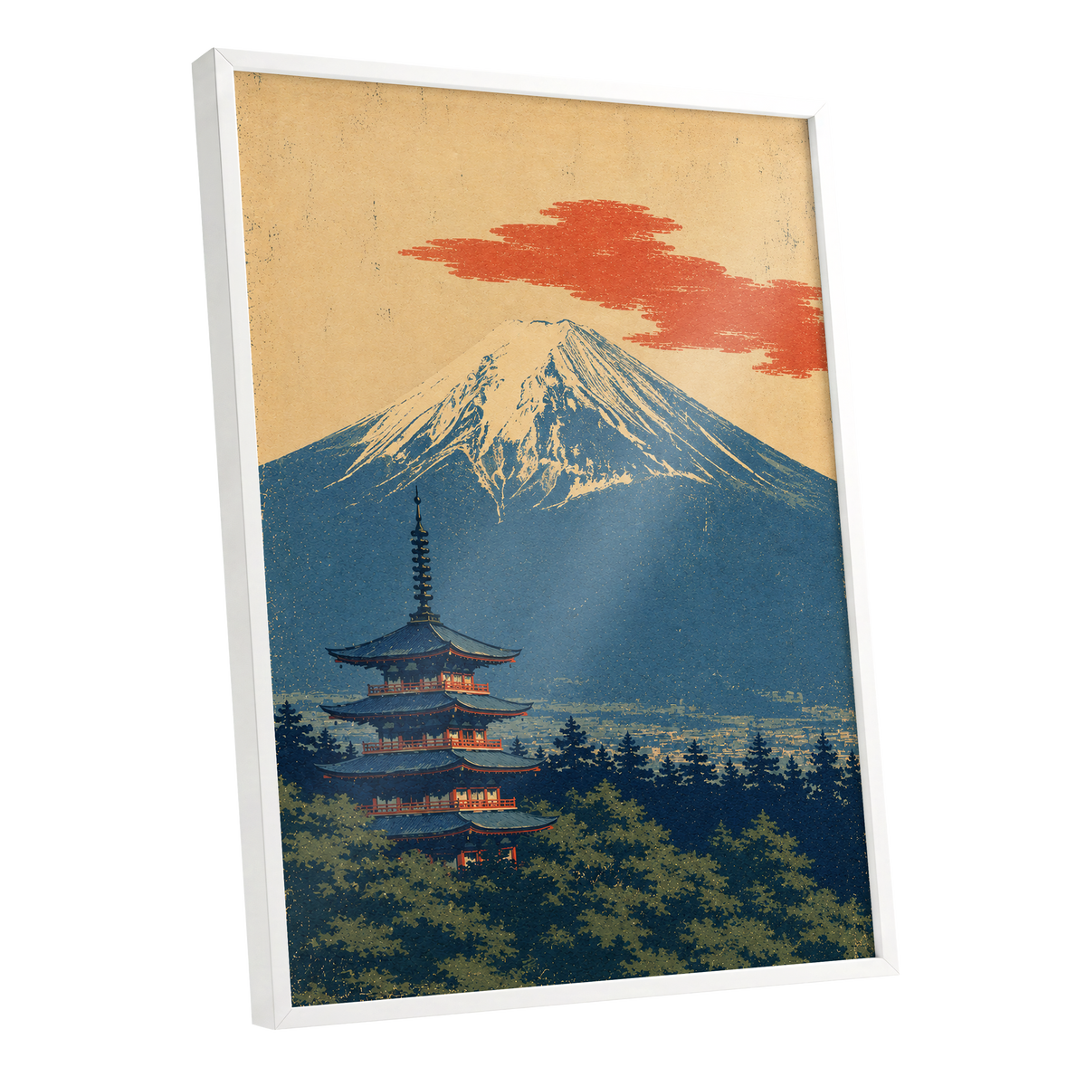 Ember Above the Peak, blue, beige, orange nature wall art shown as a white framed poster wall art print