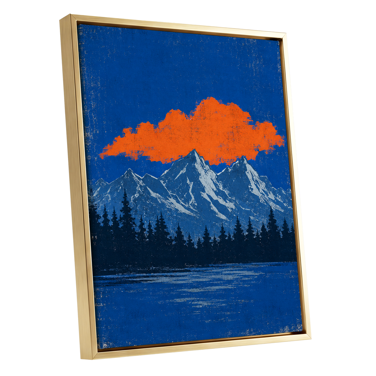 Ember Above the Peaks, blue, orange, black nature wall art shown as a gold framed canvas wall art