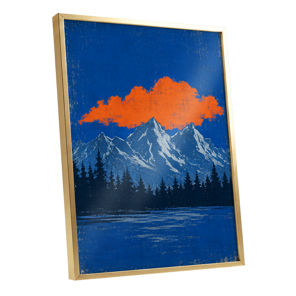 Ember Above the Peaks, blue, orange, black nature wall art shown as a gold framed poster wall art print