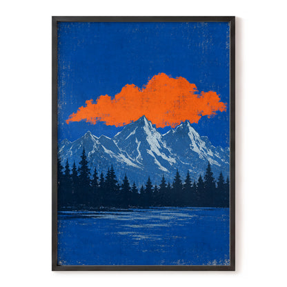 Ember Above the Peaks, blue, orange, black nature wall art, front artwork view
