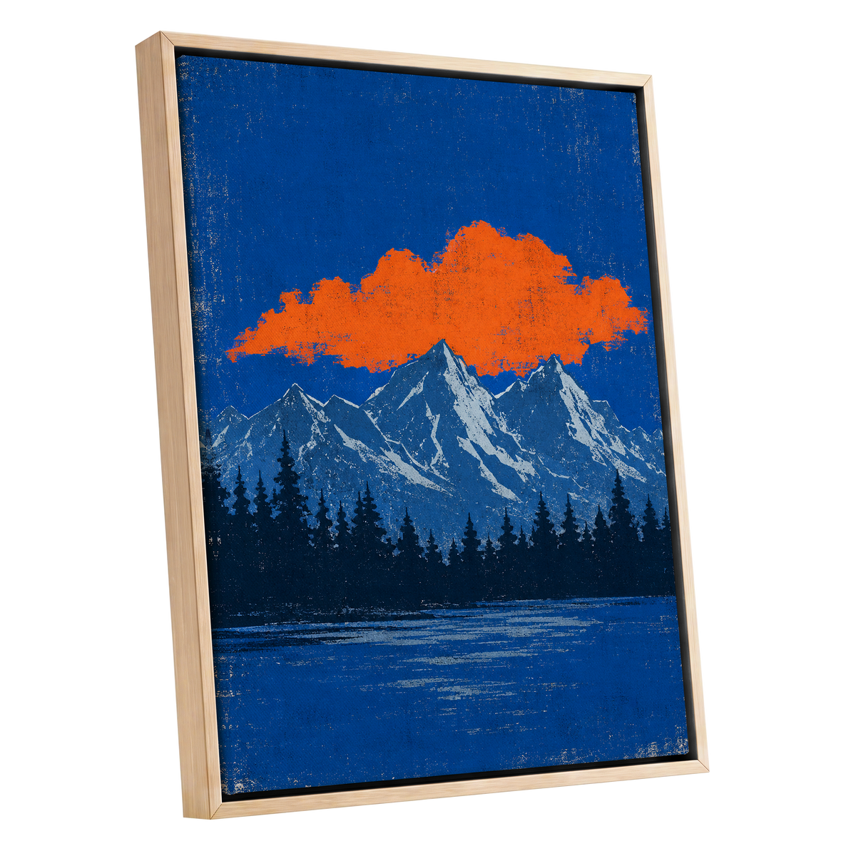 Ember Above the Peaks, blue, orange, black nature wall art shown as a oak framed canvas wall art