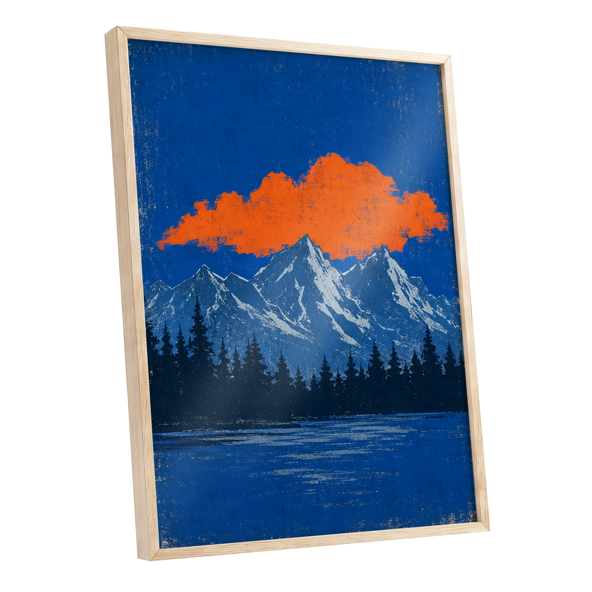 Ember Above the Peaks, blue, orange, black nature wall art shown as a oak framed poster wall art print