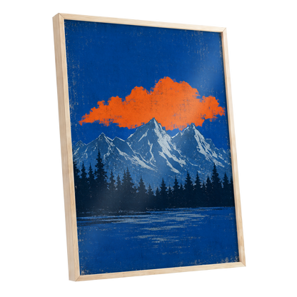 Ember Above the Peaks, blue, orange, black nature wall art shown as a oak framed poster wall art print