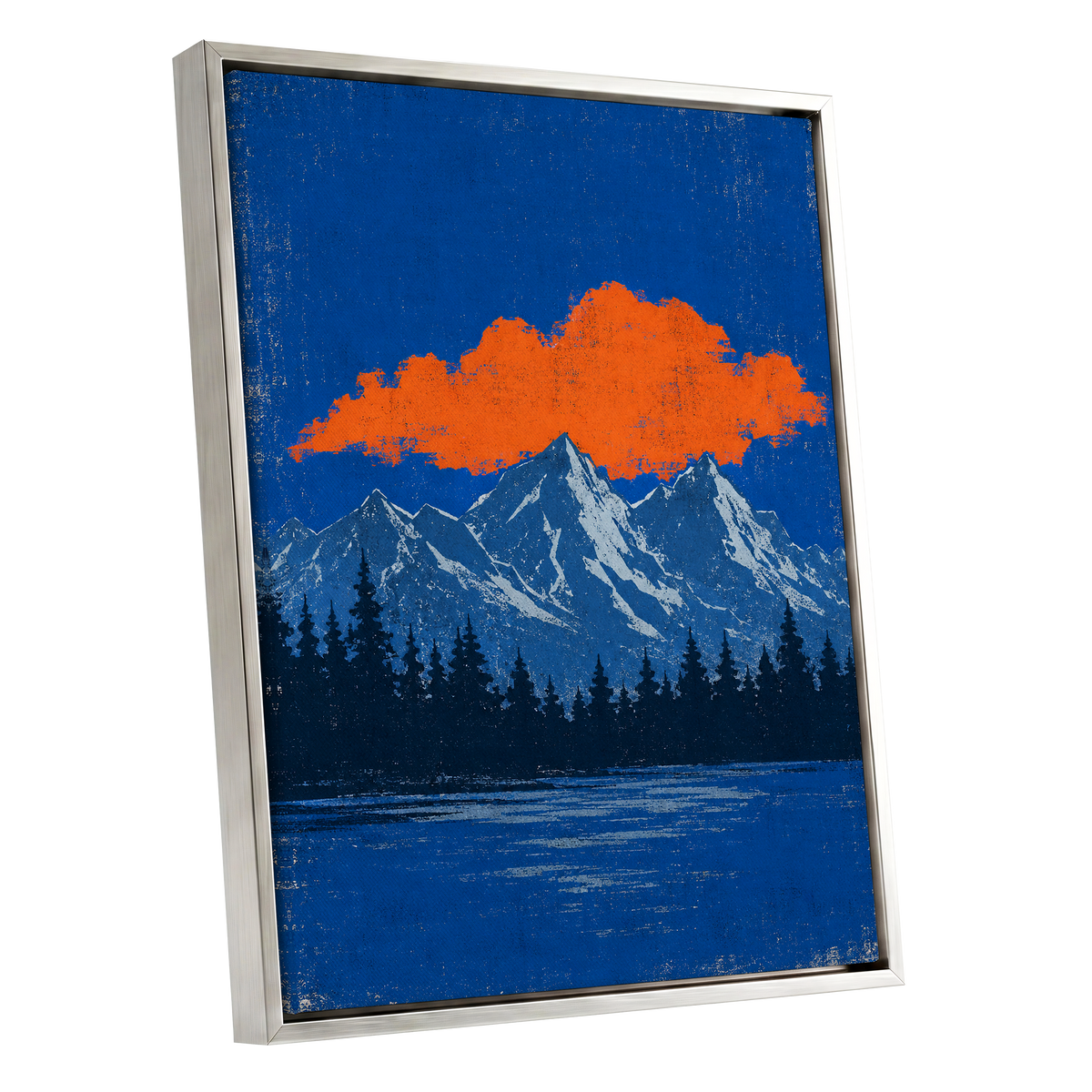 Ember Above the Peaks, blue, orange, black nature wall art shown as a silver framed canvas wall art