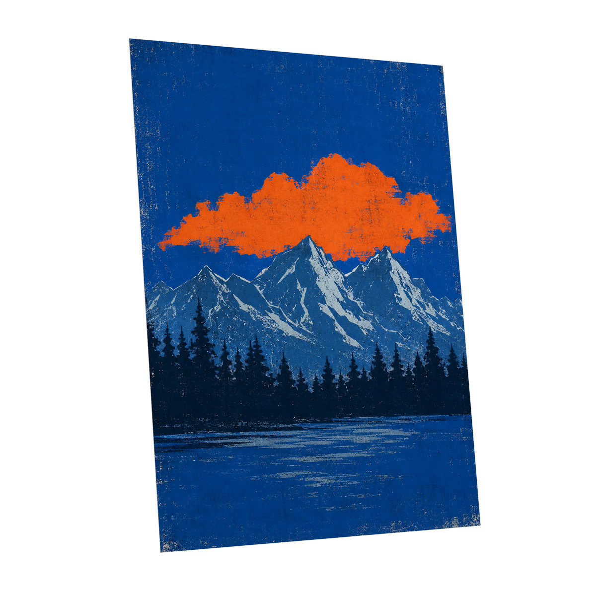 Ember Above the Peaks, blue, orange, black nature wall art shown as a unframed poster wall art print