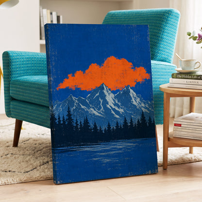 Ember Above the Peaks, blue, orange, black nature wall art displayed in a styled interior, gallery view 3