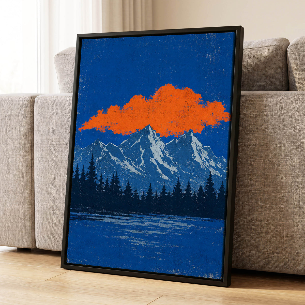 Ember Above the Peaks, blue, orange, black nature wall art displayed in a styled interior, gallery view 4