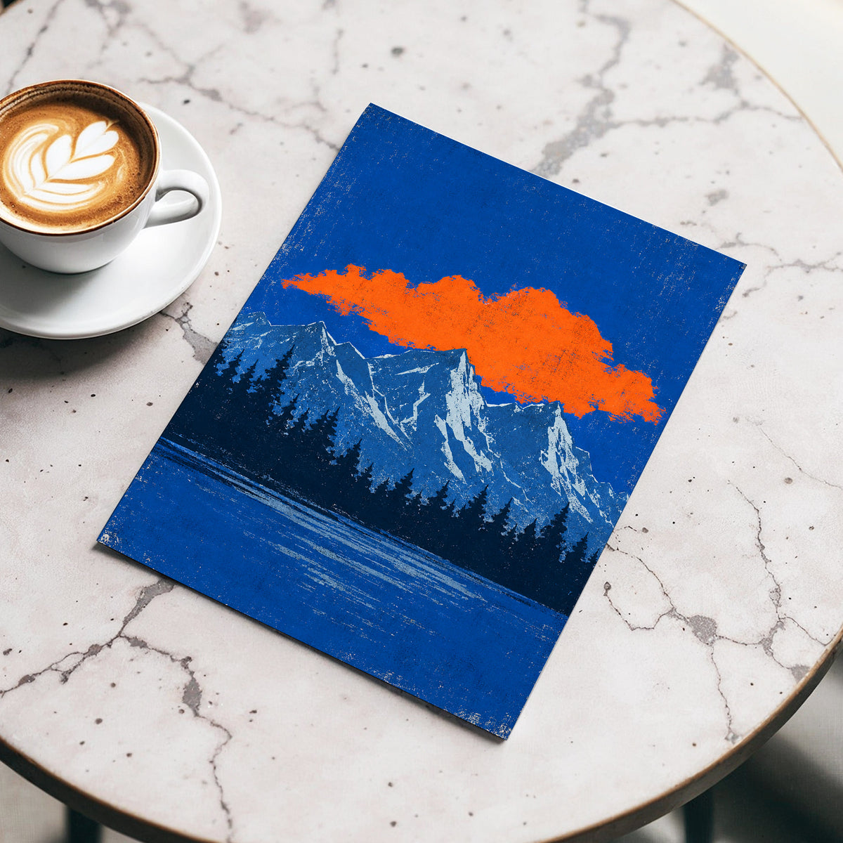 Ember Above the Peaks, blue, orange, black nature wall art displayed in a styled interior, gallery view 5