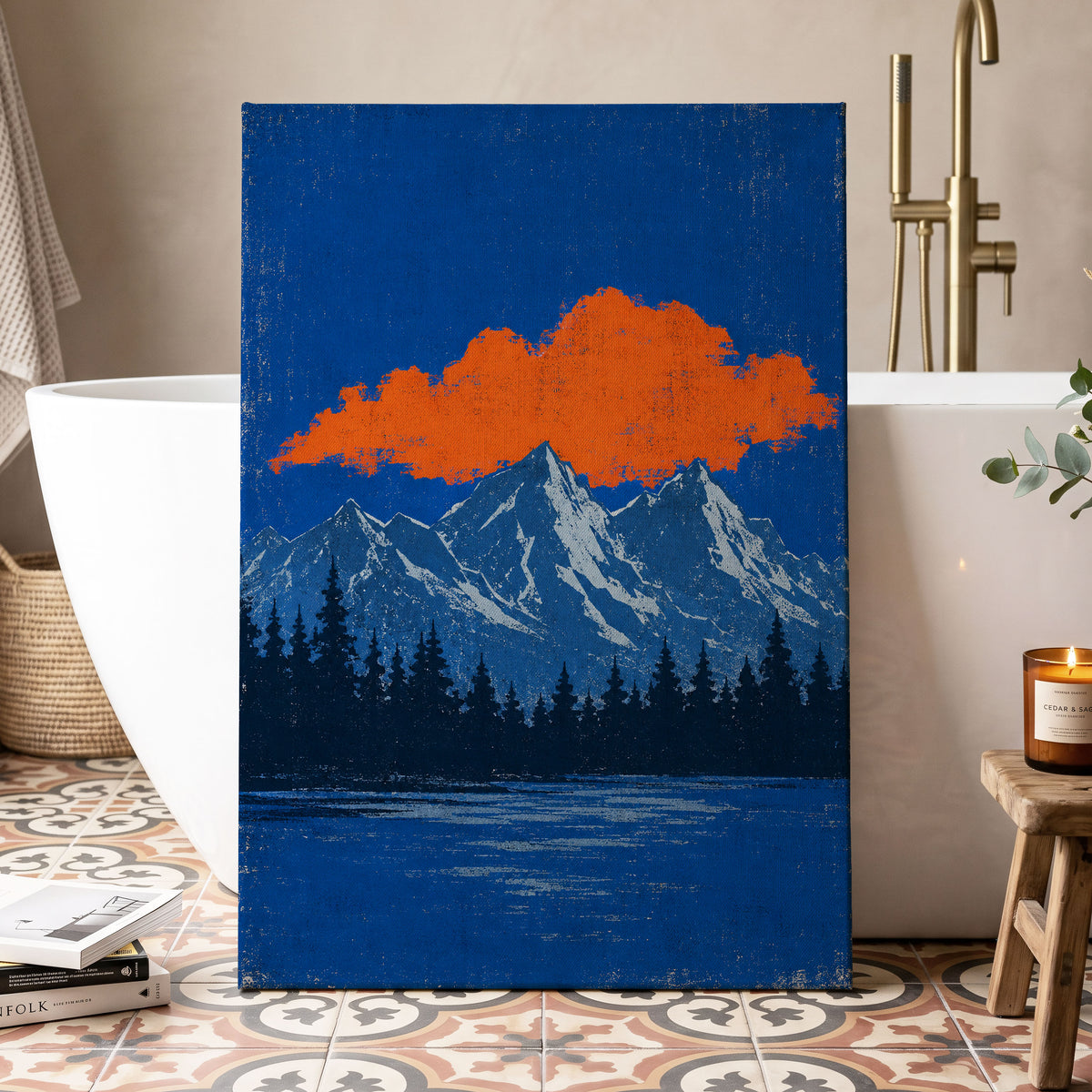 Ember Above the Peaks, blue, orange, black nature wall art displayed in a styled interior, gallery view 7