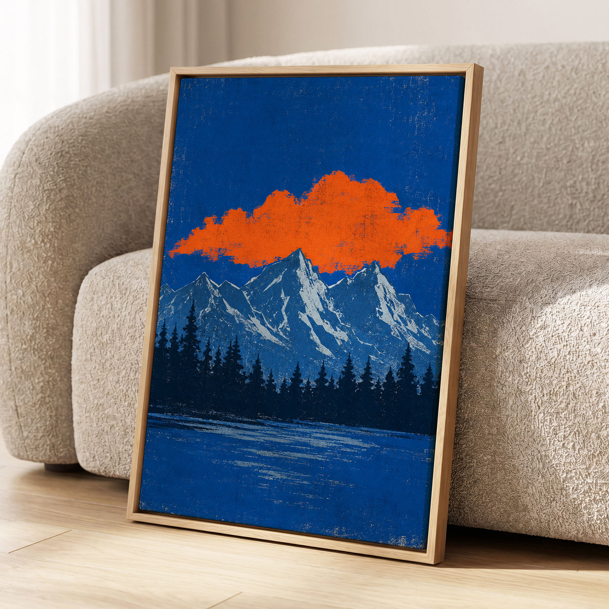 Ember Above the Peaks, blue, orange, black nature wall art displayed in a styled interior, gallery view 8