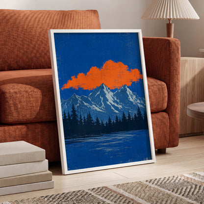 Ember Above the Peaks, blue, orange, black nature wall art displayed in a styled interior, gallery view 9