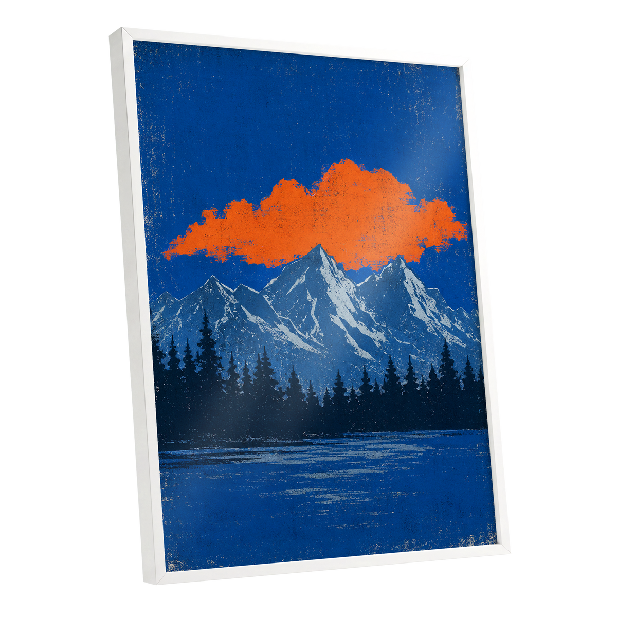 Ember Above the Peaks, blue, orange, black nature wall art shown as a white framed poster wall art print