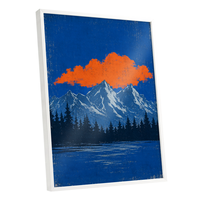 Ember Above the Peaks, blue, orange, black nature wall art shown as a white framed poster wall art print