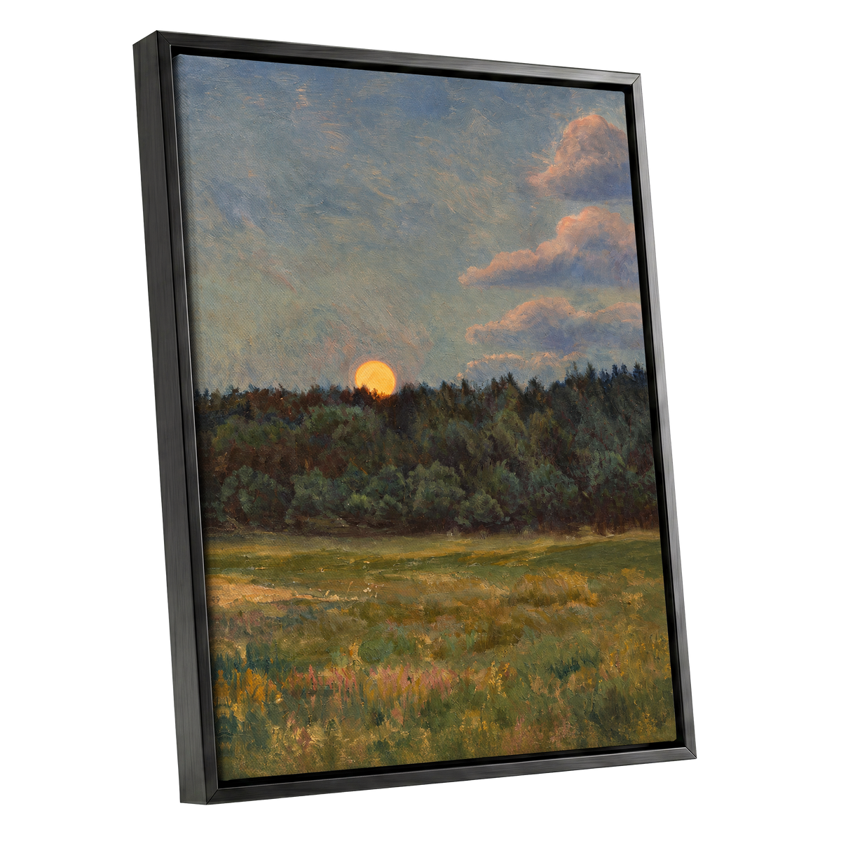 Ember at the Treeline, green, blue, brown nature wall art shown as a black framed canvas wall art
