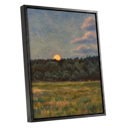 Ember at the Treeline, green, blue, brown nature wall art shown as a black framed canvas wall art