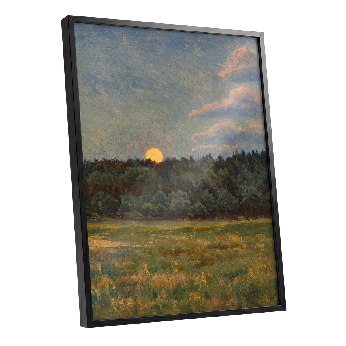 Ember at the Treeline, green, blue, brown nature wall art shown as a black framed poster wall art print