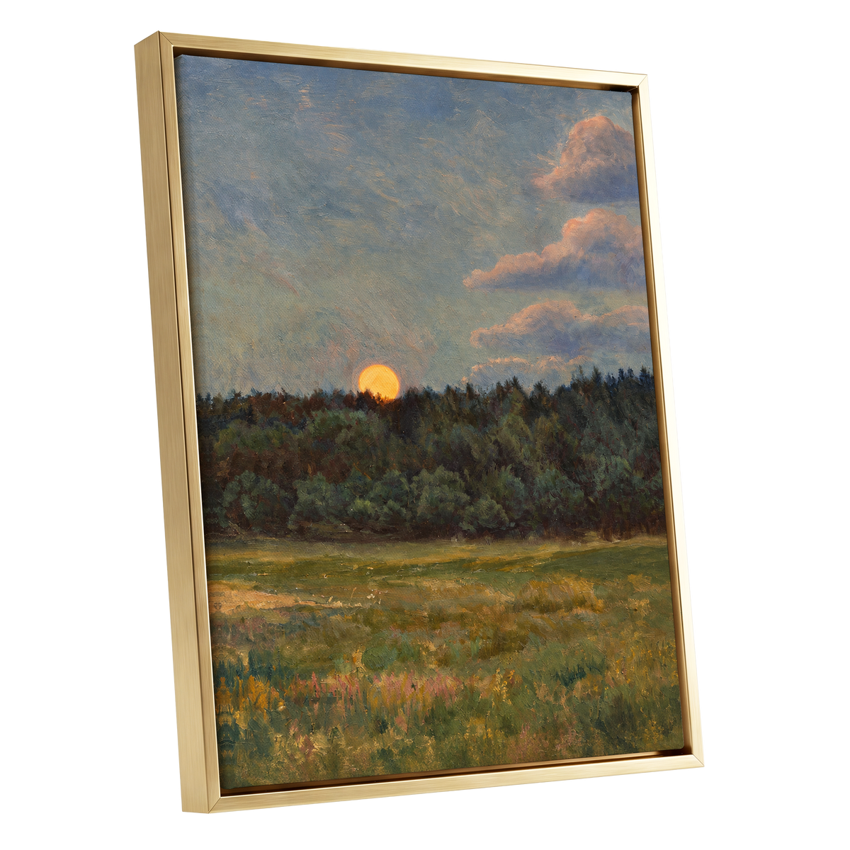 Ember at the Treeline, green, blue, brown nature wall art shown as a gold framed canvas wall art