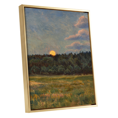 Ember at the Treeline, green, blue, brown nature wall art shown as a gold framed canvas wall art