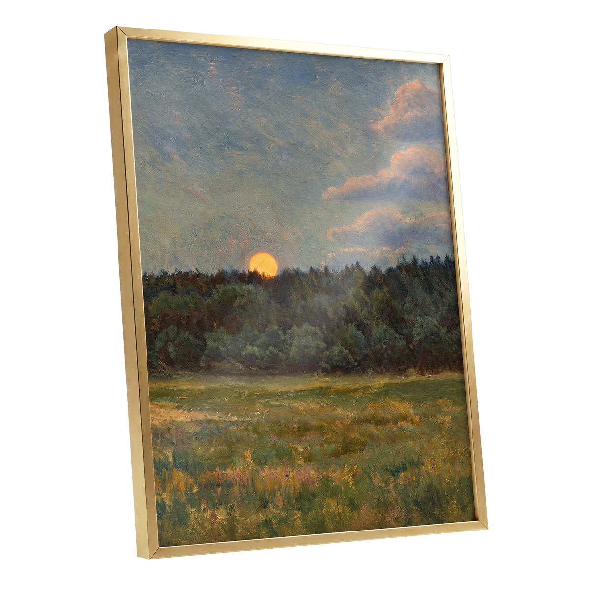 Ember at the Treeline, green, blue, brown nature wall art shown as a gold framed poster wall art print