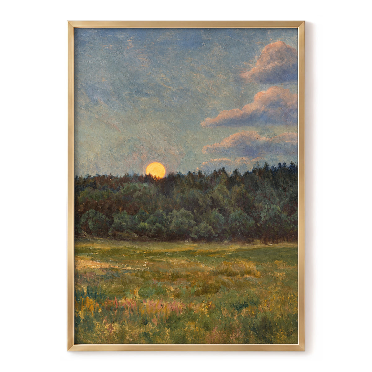 Ember at the Treeline, green, blue, brown nature wall art, front artwork view