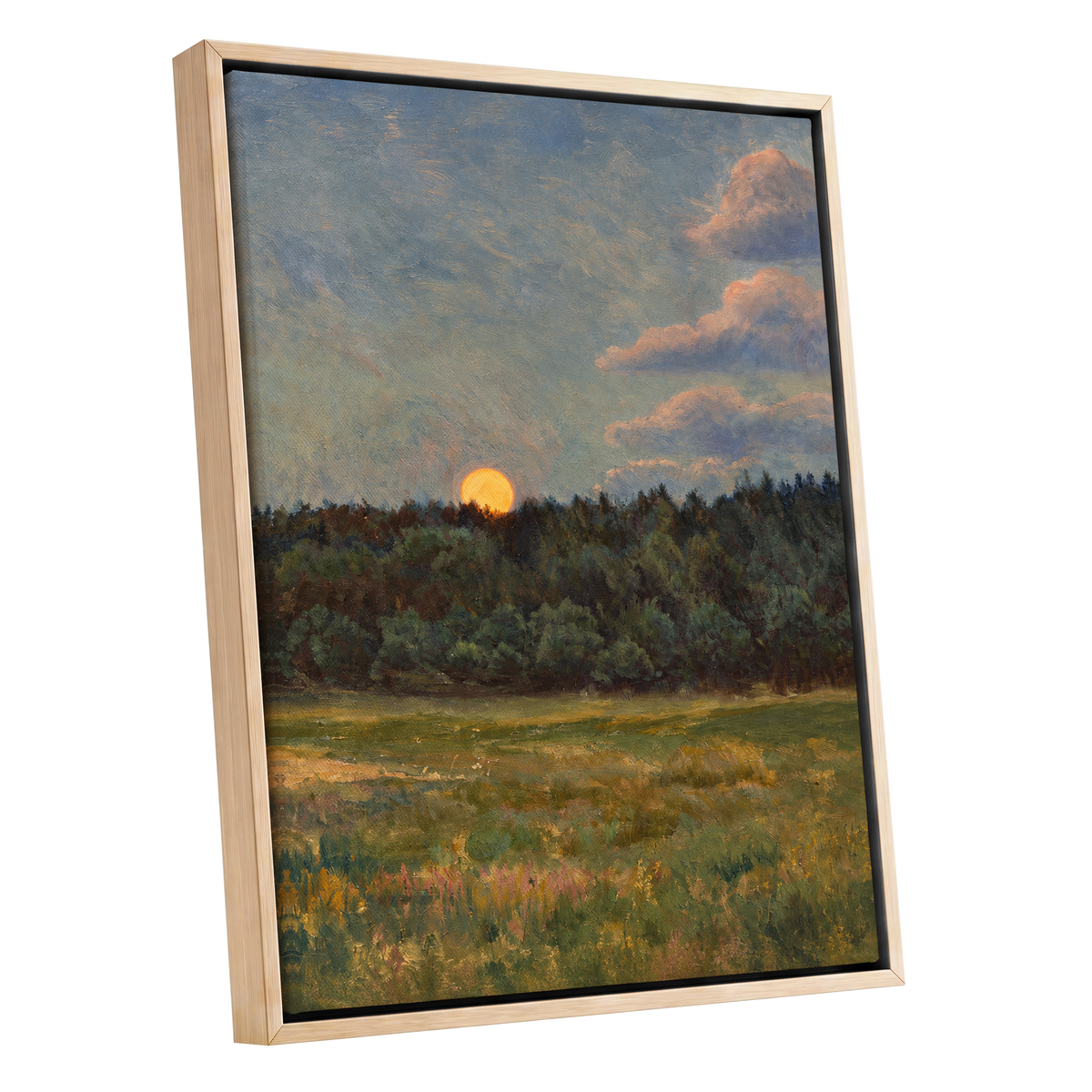 Ember at the Treeline, green, blue, brown nature wall art shown as a oak framed canvas wall art