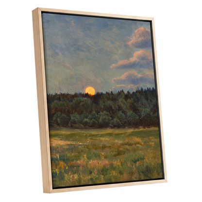 Ember at the Treeline, green, blue, brown nature wall art shown as a oak framed canvas wall art