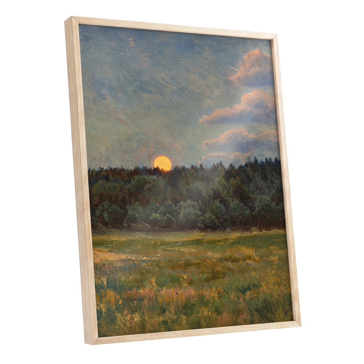 Ember at the Treeline, green, blue, brown nature wall art shown as a oak framed poster wall art print