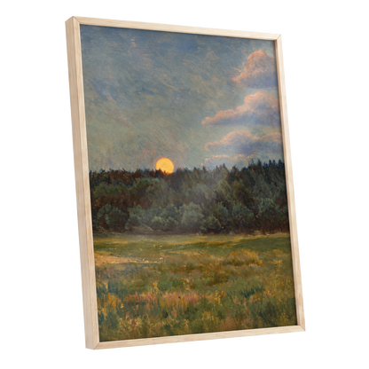 Ember at the Treeline, green, blue, brown nature wall art shown as a oak framed poster wall art print