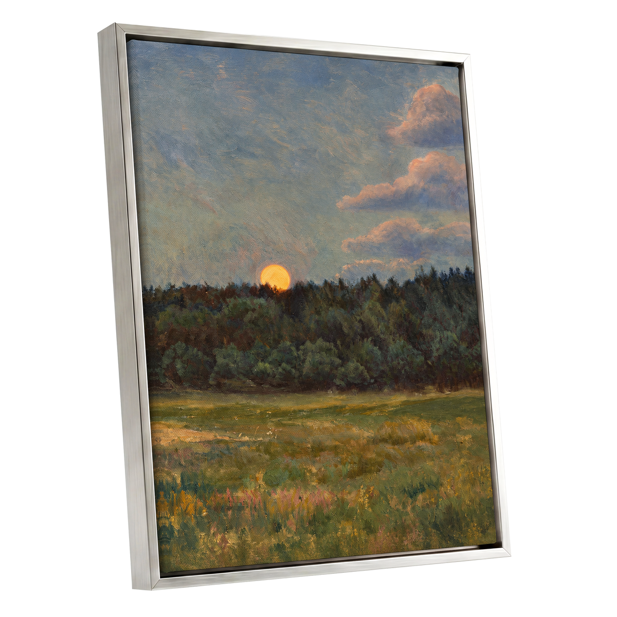 Ember at the Treeline, green, blue, brown nature wall art shown as a silver framed canvas wall art