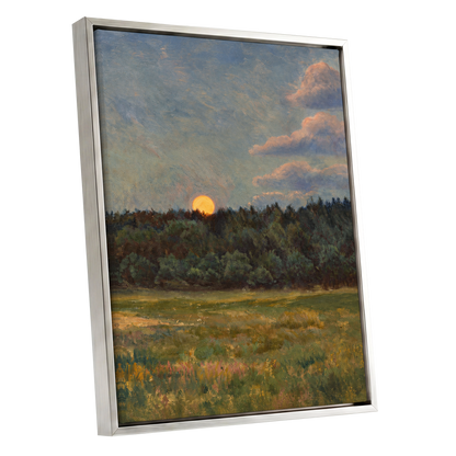Ember at the Treeline, green, blue, brown nature wall art shown as a silver framed canvas wall art