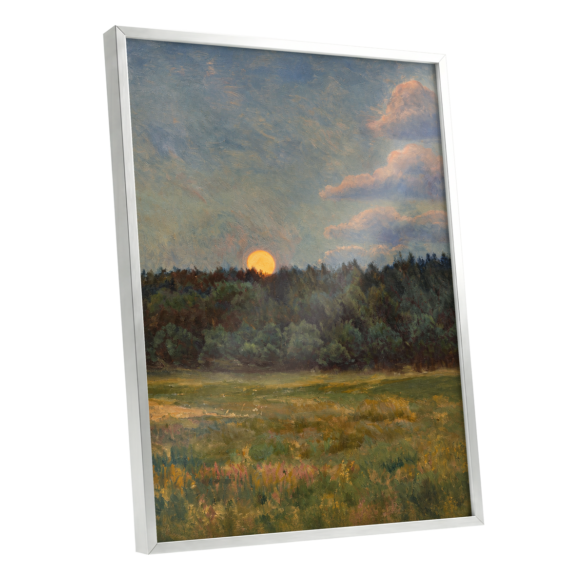 Ember at the Treeline, green, blue, brown nature wall art shown as a silver framed poster wall art print