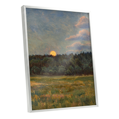 Ember at the Treeline, green, blue, brown nature wall art shown as a silver framed poster wall art print
