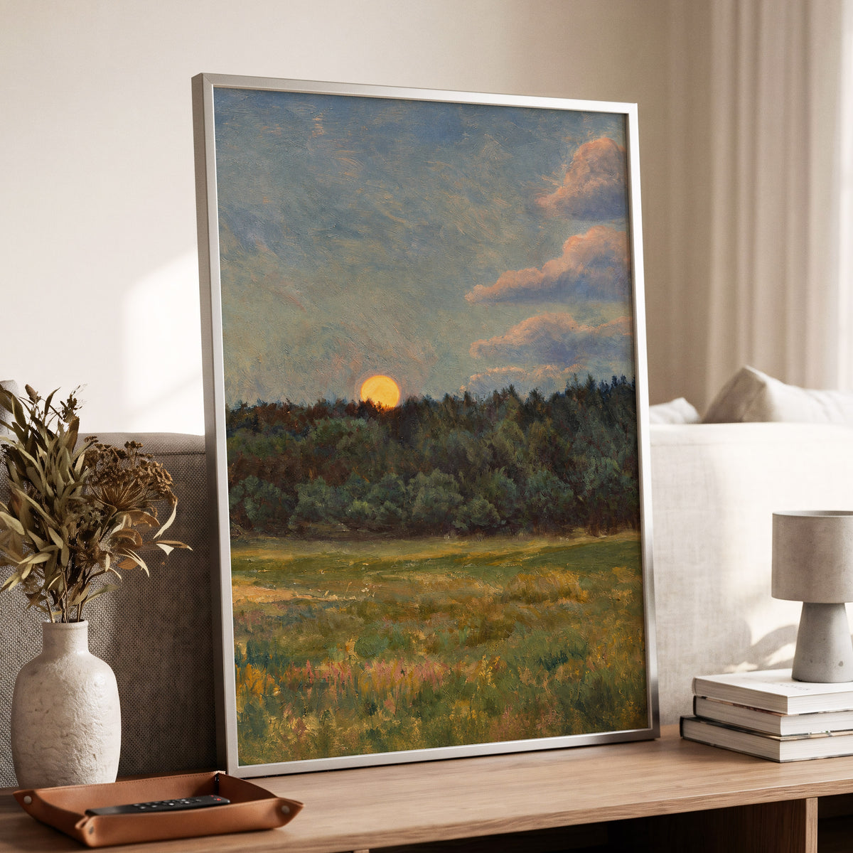 Ember at the Treeline, green, blue, brown nature wall art displayed in a styled interior, gallery view 2