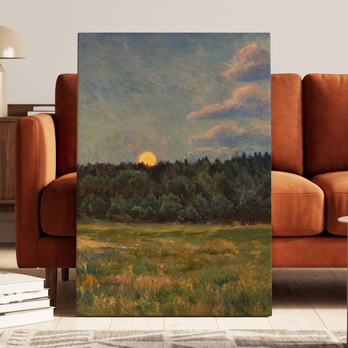 Ember at the Treeline, green, blue, brown nature wall art displayed in a styled interior, gallery view 3
